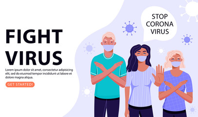Group of people show stop gesture with their hands. Fighting with coronavirus pandemic. Stop COVID-19. Vector web page banner illustration.
