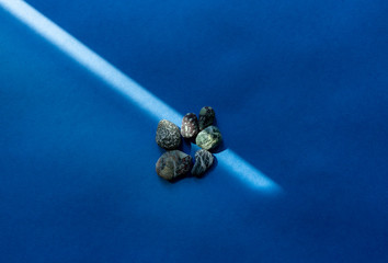 Pebbles in a sunbeam on a blue background.