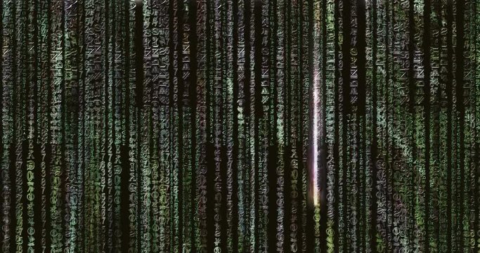 Abstract background from randomly moving numbers and strange characters and signs. Binary code on the screen. Computer system error, virus, hacking. Matrix Rows. 4K video animation.