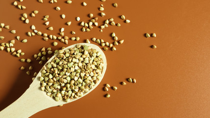 Green buckwheat in a wooden spoon on a brown background. Great food. healthy groats. Organic raw non-fried vegetarian food. The concept of a healthy and balanced diet. Dietary foods. Copy space.