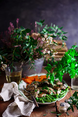 Tender pork marsala with vegetables..selective focus