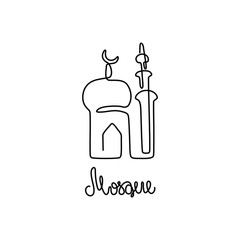 Islamic design mosque dome silhouette, continuous line drawing, small tattoo, print for clothes and logo design, emblem or logo design, isolated vector illustration.