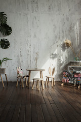 Panoramic close-up of wooden desk space made from environmentally friendly wood in  room arranged in natural colours and materials