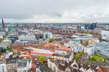 Aerial view of downtown of  Hamburg, Germany, view from the clock tower of Church of St. Michael. A landmark of the city and considered to be one of the finest Hanseatic Protestant baroque churches