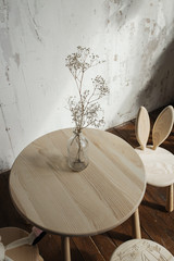 Panoramic close-up of wooden desk space made from environmentally friendly wood in  room arranged in natural colours and materials