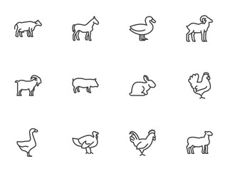 Farm animals line icons set. linear style symbols collection, animals side view outline signs pack. vector graphics. Set includes icons - cow, pig, sheep, goat, rooster, chicken, turkey, rabbit, goose © alekseyvanin