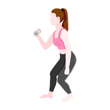 Girl with dumbbell is training in fitness outfit. Workout process, weight loss, slimming. Home program for doing physical exercises. Brunette in pink shirt. Vector illustration in cartoon flat style.