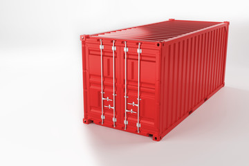 A high quality image of a red 20ft shipping container on a white background. Twenty foot sea shipping container 3d render