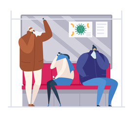 People in metro during seasonal flu, vector illustration. adult man woman with cold virus, sick crowd sneezing. cartoon person fever at social transportation place, bacterium health hazard.
