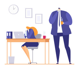 Sick person in office during seasonal flu cold, vector illustration. Ill woman at work, fever disease in cartoon workplace. Unwell feeling woman business worker have virus symptoms.