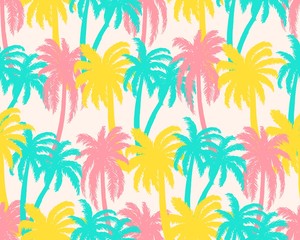 Fototapeta na wymiar Seamless pattern with colorful palm trees. Summer background.Vector