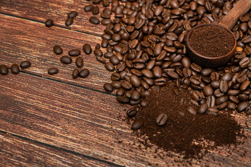 Coffee beans on wooden table