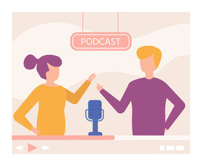 Podcast online video tutorial, media technology vector illustration. Man woman flat character use microphone for podcasting at studio. People make audio, training course about video blog.