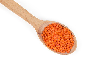 Uncooked red lentil in wooden spoon, top view close-up