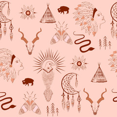 Seamless pattern with bohemian elements, bull skull, snake, Indian woman portrait, eagle bird, insect, wigwam, tribal objects, dream catcher. Editable vector illustration.