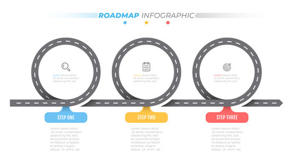 Road map infographic template. Timeline with 3 steps, options. Business concept design label and icons. Vector illustration.