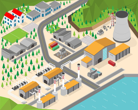 geothermal energy, geothermal  power plant in isometric graphic