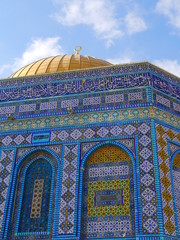 detail of the famous Dome of the Rock mosque with its beautiful colorful mosaics and golden cupola, Israel, Near East