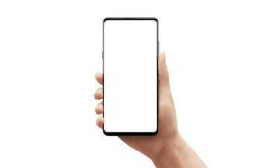 Isolated phone in woman hand. Isolated screen for app design promotion. Front position