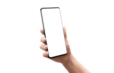 Modern smart phone mockup in woman hand. Isolated screen and background. Slightly curved right position
