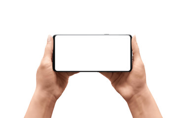 Isolated phone mockup in woman hands. Horizontal position. Isolated display and background