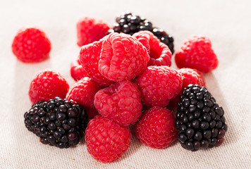 handful of fresh raspberry and blackberry berries on white background