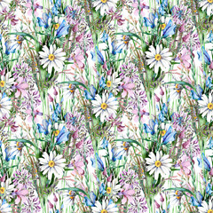 Field Flowers Seamless Pattern. Watercolor Illustration.
