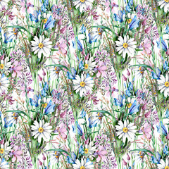 Field Flowers Seamless Pattern. Watercolor Illustration.