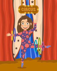 Girl gymnast in a beautiful multi-colored suit with circles shows a performance with torsion of hoops on the arms and legs. Performance in the circus. Cartoon vector illustration