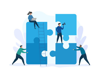 Vector illustration for teamwork concept and business solution. Group people working together with giant puzzle elements. Business metaphor.