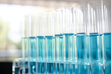 Laboratory Tube With sampling of Virus corona covid 19 vaccine. 
Scientific Lab equipment Close-Up. Concept of Pandemic Disease and Healthcare Vaccine.