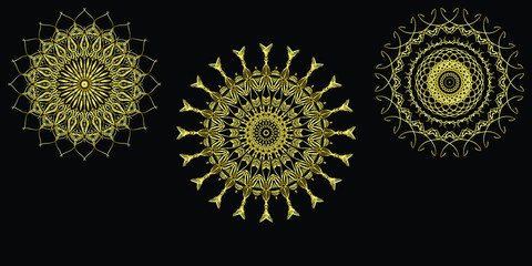 Golden mandala set, ancient Indian vedic background design, old painting texture with multiple mathematical shapes