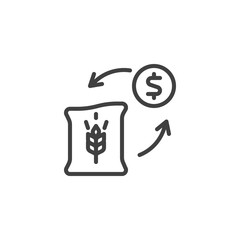 Flour price line icon. linear style sign for mobile concept and web design. Bag of wheat grain and money outline vector icon. Farming and agriculture symbol, logo illustration. Vector graphics