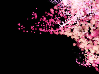 3D pink and yellow sparkle on black background, flowing bokeh particles
