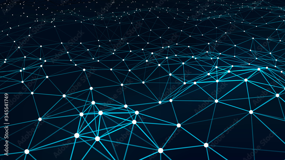 Poster network of bright connected dots and lines. abstract dynamic wave. detailed lines forming an abstrac