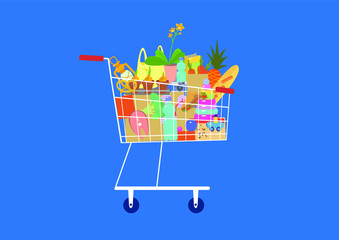 Supermarket shopping cart filled with purchases .  Flat vector design isolated on blue background.