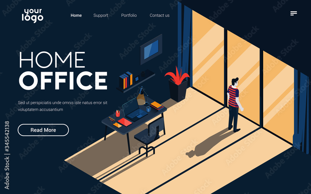 Poster landing page template of home office. modern isometric design concept of web page design for website