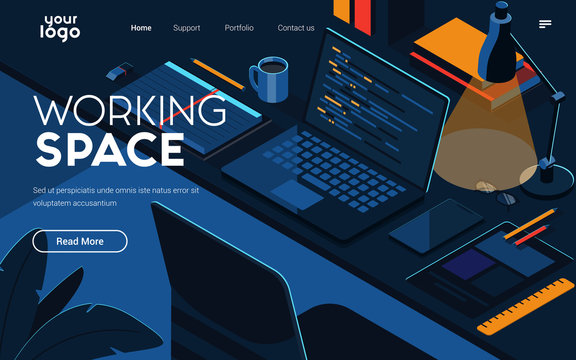 Landing page template of Working Space. Modern isometric design concept of web page design for website and mobile website. Easy to edit and customize. Vector illustration