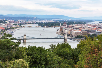 Obraz premium Top view of Budapest, Danube river and bridges. Budapest, Hungary