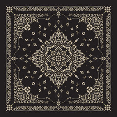 Vector ornament Bandana Print. Traditional ornamental ethnic pattern with paisley and flowers. Silk neck scarf or kerchief square pattern design style, best motive for print on fabric or papper. - 345542979