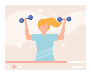 Workout video tutorial, internet blog, vector illustration. Online training with woman character, healthy lifestyle activity. Blogger cartoon fitness trainer with dumbbells in hands.