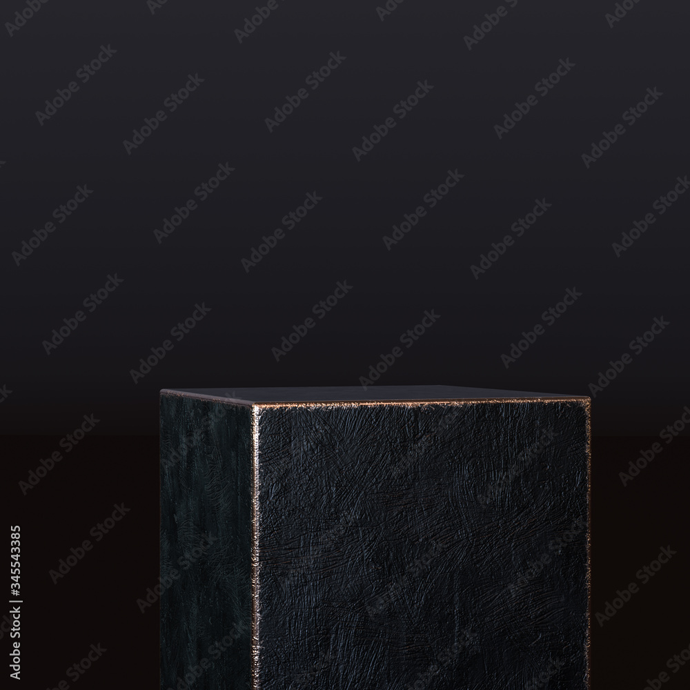 Poster product display platform. one step black and gold rough textured podium isolated. cube block display