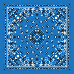 Vector ornament Bandana Print. Traditional ornamental ethnic pattern with paisley and flowers. Silk neck scarf or kerchief square pattern design style, best motive for print on fabric or papper. - 345543591