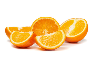 Fresh cut orange fruits macro photo isolated on white background