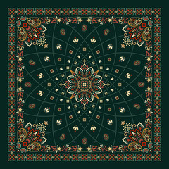 Vector ornament Bandana Print. Traditional ornamental ethnic pattern with paisley and flowers. Silk neck scarf or kerchief square pattern design style, best motive for print on fabric or papper. - 345544140