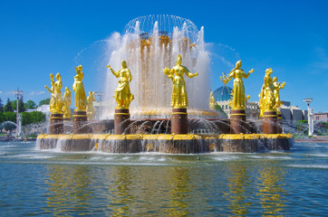 MOSCOW, RUSSIA - May, 2019: People’s Friendship fountain at Exhibition Center in spring day