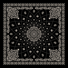 Vector ornament Bandana Print. Traditional ornamental ethnic pattern with paisley and flowers. Silk neck scarf or kerchief square pattern design style, best motive for print on fabric or papper. - 345544189