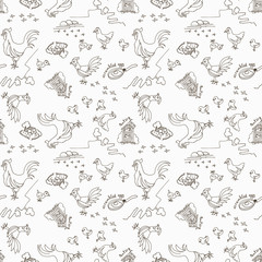 Doodle style rural pattern with the image of hens, chickens, roosters and on a beige background.
