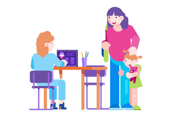 Clinic care about child character, pediatric examination vector illustration. Doctor check up information about kid patient on computer. Crying afraid girl hug cartoon mother, medical treatment.