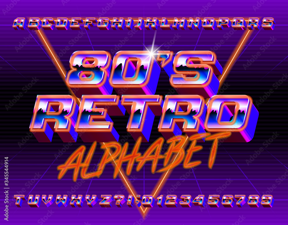 Fototapete 80s retro alphabet font. 3d retro letters and numbers. stock vector typescript in 80s style for your